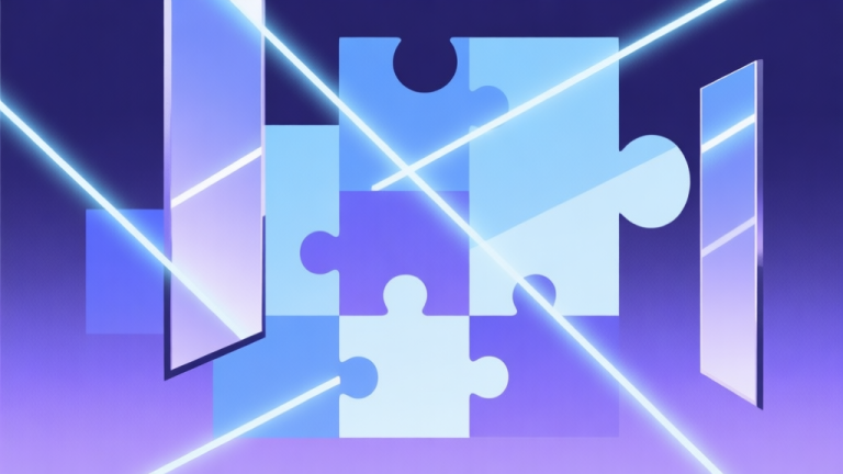 自动生成图片: Abstract geometric composition with overlapping laser lines and mirrors, soft blue and purple color scheme, modern minimal style, professional puzzle concept illustration high quality illustration, detailed, 16:9