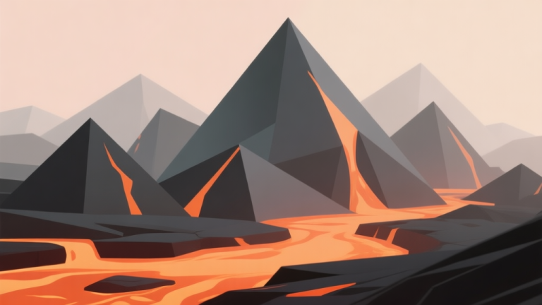 自动生成图片: Abstract geometric composition with overlapping triangular shapes resembling mountains and lava flows, soft orange and dark gray color scheme, modern minimal style, professional game concept illustration high quality illustration, detailed, 16:9