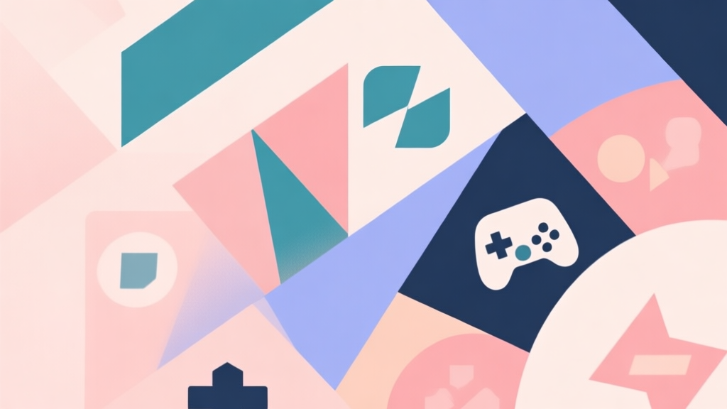 Abstract geometric composition with overlapping shapes representing game genres merging, soft pastel colors, modern minimal style, professional business concept illustration high quality illustration, detailed, 16:9