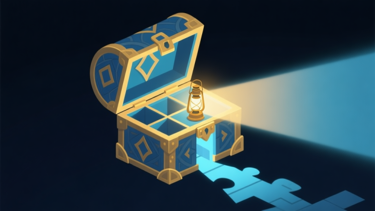 自动生成图片: A glowing, intricate puzzle box with hidden compartments and a single lantern shining a light beam, revealing secret paths on a dark background, minimalist game art style, soft blue and gold lighting high quality illustration, detailed, 16:9