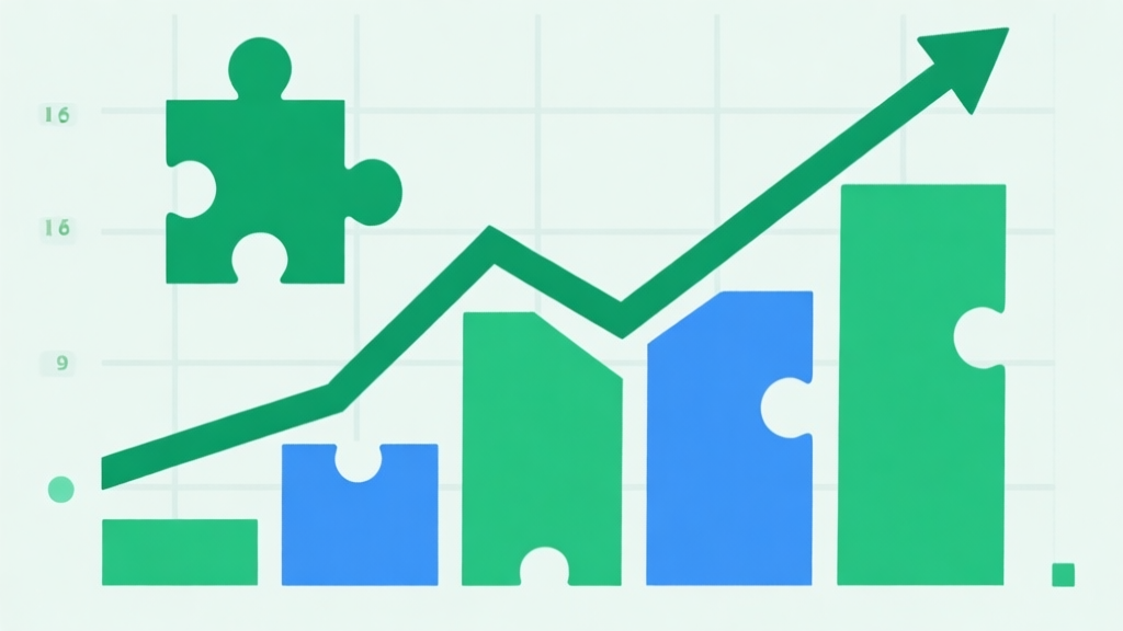 Upward trending graph with simple geometric elements, green and blue color palette, clean business infographic style, minimal design, representing growth in puzzle game popularity high quality illustration, detailed, 16:9