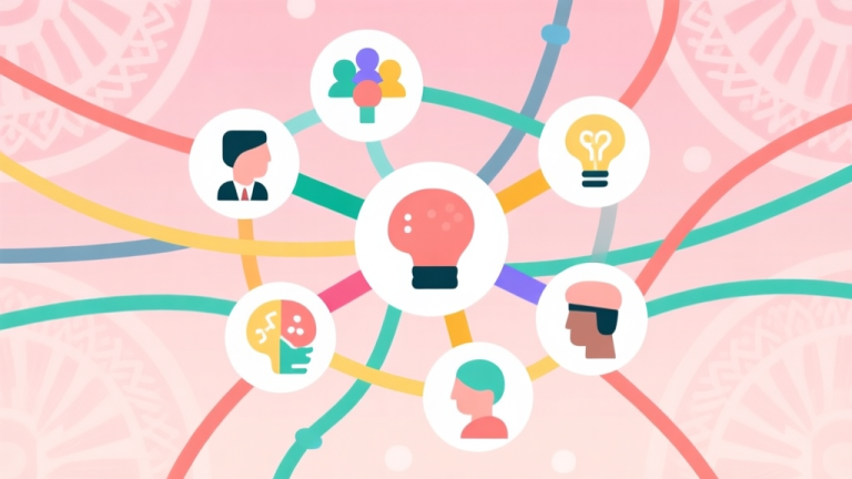 自动生成图片: Abstract network of creative minds connected by colorful digital threads, soft pastel colors, flat design icons representing collaboration, minimalist style, Indonesian cultural motifs in background high quality illustration, detailed, 16:9