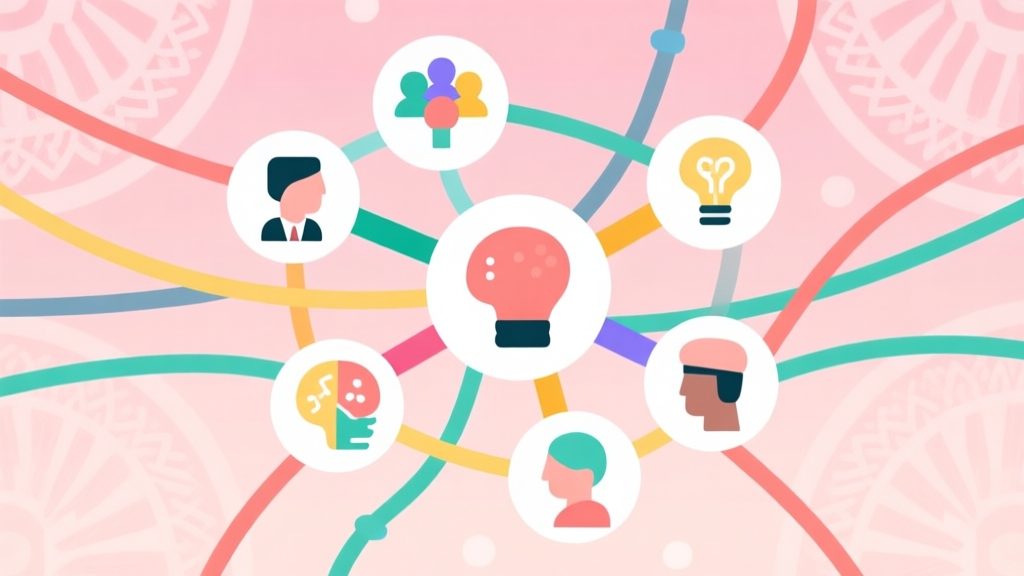Abstract network of creative minds connected by colorful digital threads, soft pastel colors, flat design icons representing collaboration, minimalist style, Indonesian cultural motifs in background high quality illustration, detailed, 16:9