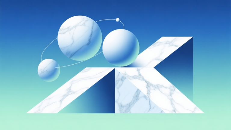 自动生成图片: Abstract geometric composition with overlapping spheres and ramps, soft gradient background of blue and green, clean minimal design representing physics concepts and marble movement high quality illustration, detailed, 16:9