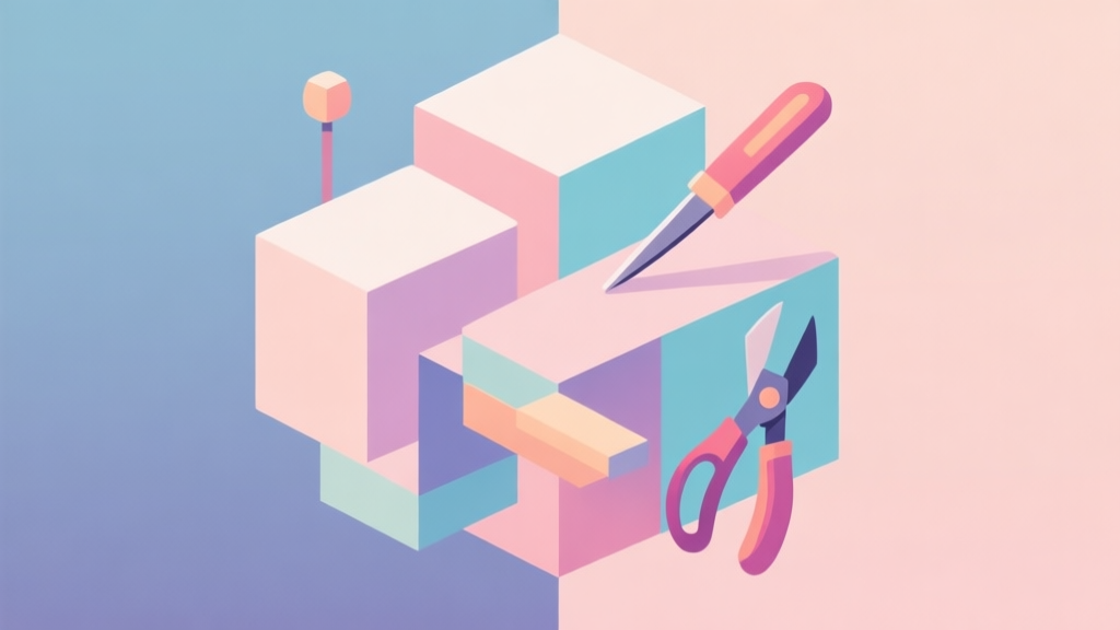 Abstract geometric composition with overlapping cubes and crafting tools, soft pastel colors, modern minimal style, professional game concept illustration high quality illustration, detailed, 16:9