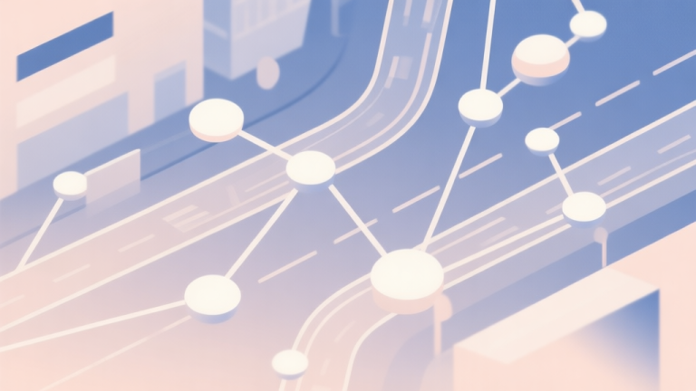 自动生成图片: Abstract network nodes connected by lines, soft color scheme, clean minimal illustration, modern digital concept of urban traffic flow high quality illustration, detailed, 16:9