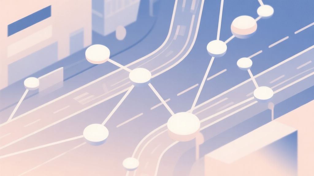 Abstract network nodes connected by lines, soft color scheme, clean minimal illustration, modern digital concept of urban traffic flow high quality illustration, detailed, 16:9