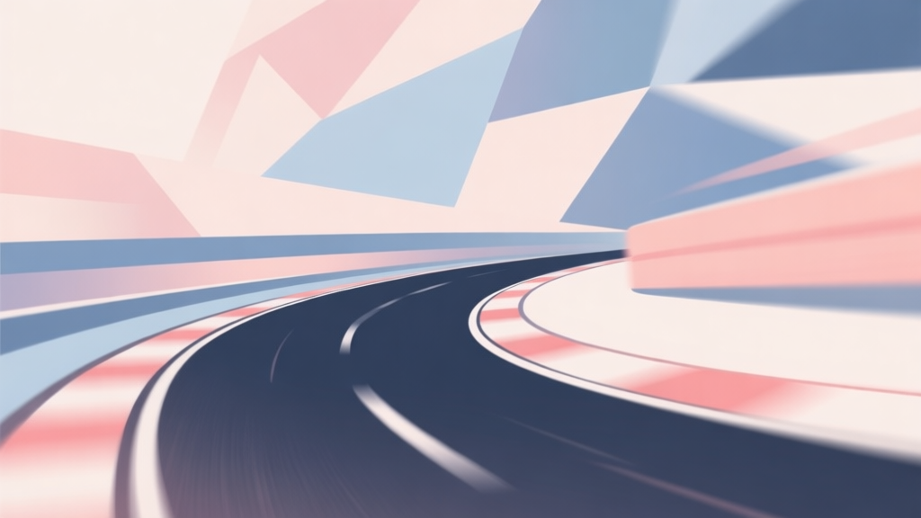Abstract geometric composition with overlapping shapes forming a racing track curve, soft pastel colors with dynamic motion blur effect, modern minimal style, professional gaming concept illustration high quality illustration, detailed, 16:9