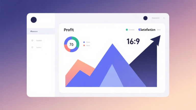 自动生成图片: Minimalist business dashboard with abstract data visualization showing profit and satisfaction metrics rising together, soft gradient background, professional color scheme, clean geometric shapes, flat design style high quality illustration, detailed, 16:9