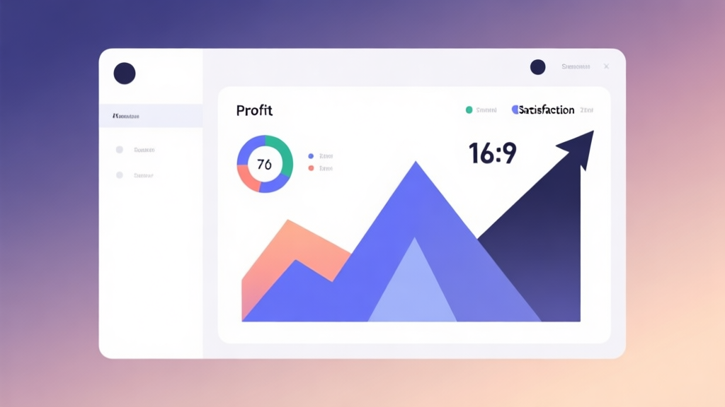 Minimalist business dashboard with abstract data visualization showing profit and satisfaction metrics rising together, soft gradient background, professional color scheme, clean geometric shapes, flat design style high quality illustration, detailed, 16:9