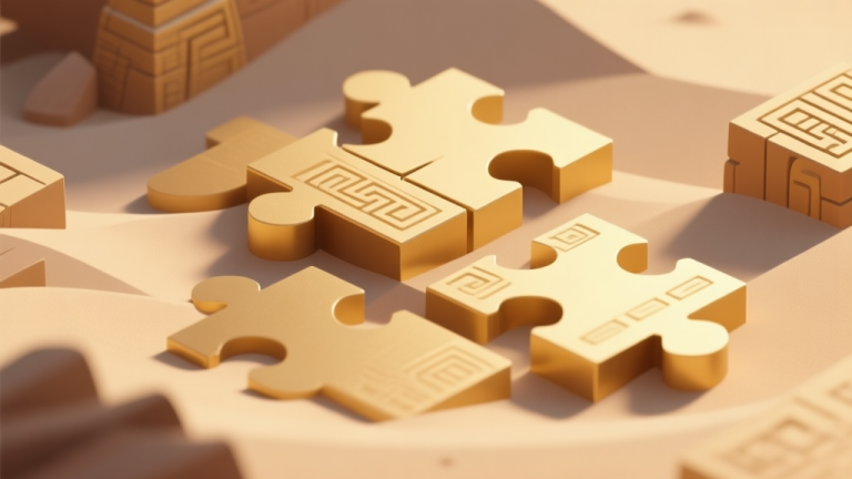 自动生成图片: Abstract geometric composition with overlapping shapes resembling ancient puzzles, soft sand and gold color scheme, modern minimal style, professional game concept illustration high quality illustration, detailed, 16:9