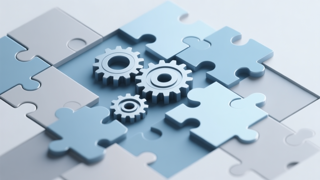 Abstract geometric composition with overlapping puzzle pieces and mechanical gears, soft metallic blue and grey color scheme, clean minimal design, professional engineering concept illustration high quality illustration, detailed, 16:9