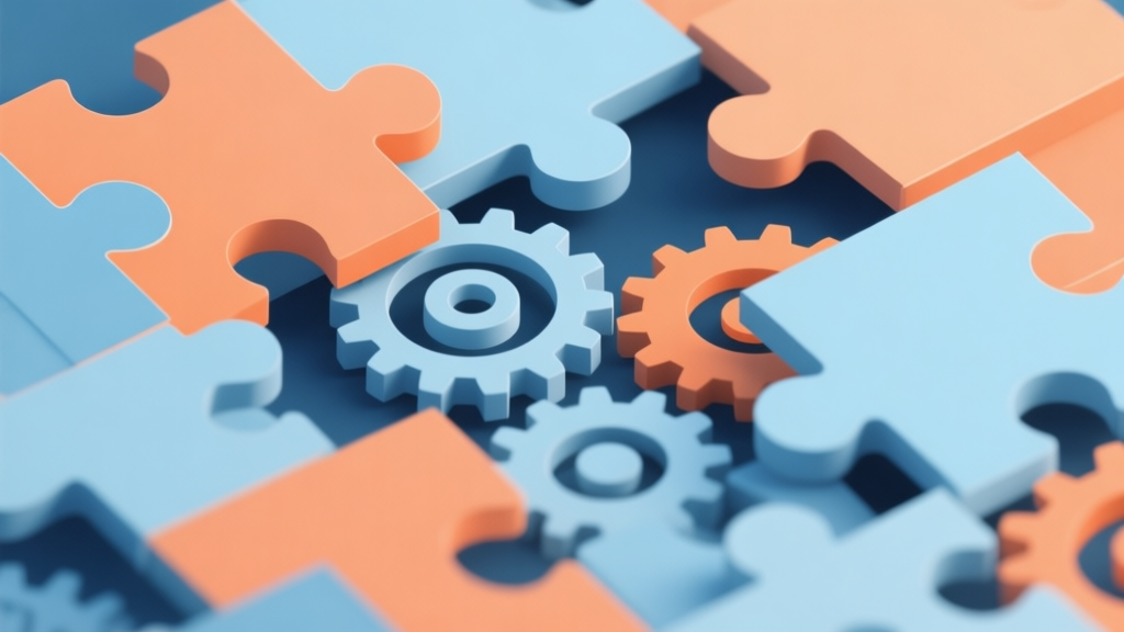 Abstract geometric composition with overlapping puzzle pieces and mechanical gears, soft blue and orange color scheme, modern minimal style, professional engineering concept illustration high quality illustration, detailed, 16:9