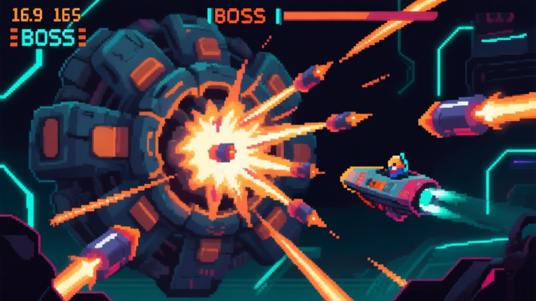 自动生成图片: A dynamic, intense boss fight scene in a pixel art video game, showing a massive mechanical core entity in the center firing complex bullet patterns, with a small player ship dodging between the projectiles, dark sci-fi background with glowing neon accents high quality illustration, detailed, 16:9