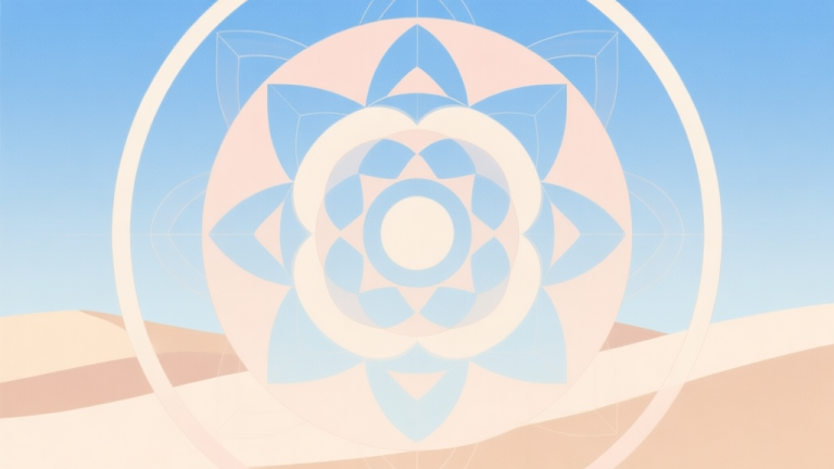 自动生成图片: Abstract geometric composition with overlapping circles and intricate symmetrical patterns, soft pastel colors like sand and sky blue, clean minimal style, meditative and spiritual concept illustration high quality illustration, detailed, 16:9