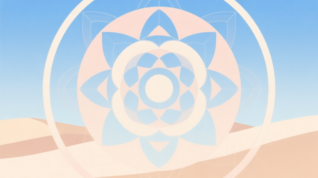 Abstract geometric composition with overlapping circles and intricate symmetrical patterns, soft pastel colors like sand and sky blue, clean minimal style, meditative and spiritual concept illustration high quality illustration, detailed, 16:9
