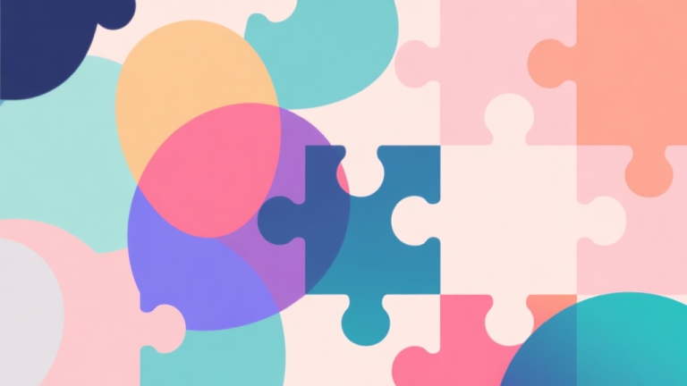 自动生成图片: Abstract geometric composition with overlapping colorful blobs and puzzle pieces, soft pastel colors, modern minimal style, professional game concept illustration high quality illustration, detailed, 16:9