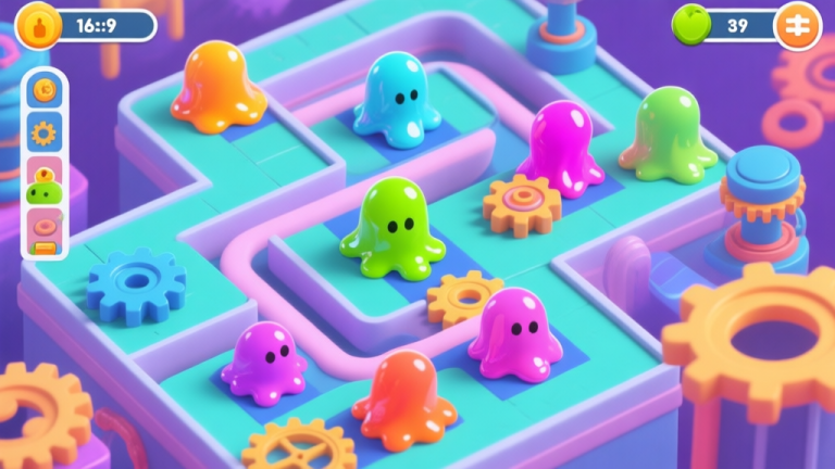 自动生成图片: A vibrant, stylized mobile game screenshot showing colorful, glossy ooze blob navigating through a intricate puzzle level with gears and obstacles, clean UI, playful and modern aesthetic high quality illustration, detailed, 16:9