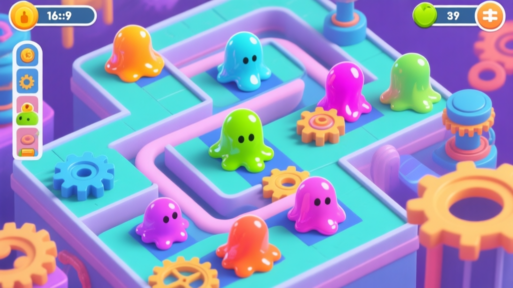 A vibrant, stylized mobile game screenshot showing colorful, glossy ooze blob navigating through a intricate puzzle level with gears and obstacles, clean UI, playful and modern aesthetic high quality illustration, detailed, 16:9