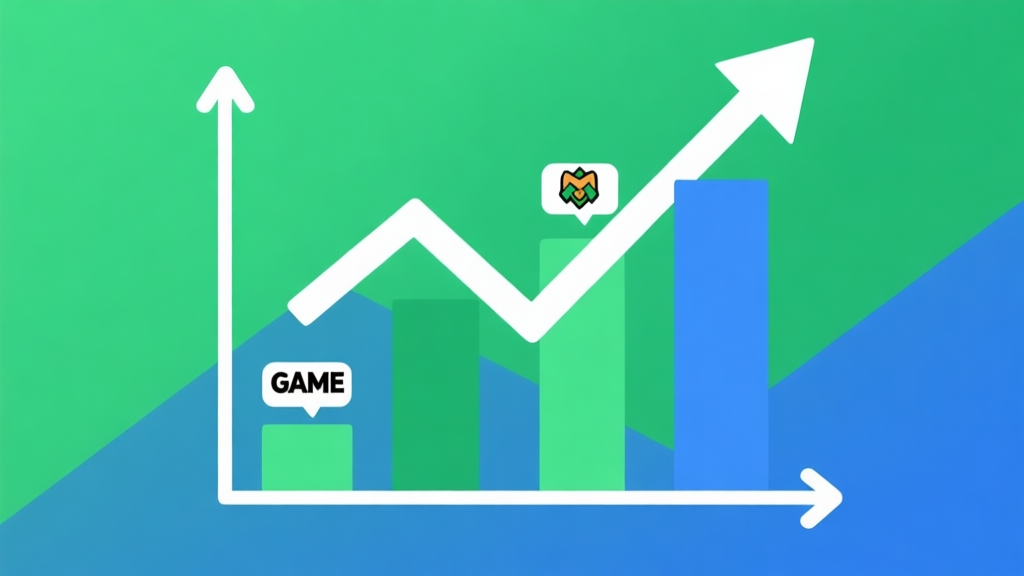 Upward trending graph with simple geometric elements representing different game genres, green and blue color palette, clean business infographic style, minimal design high quality illustration, detailed, 16:9