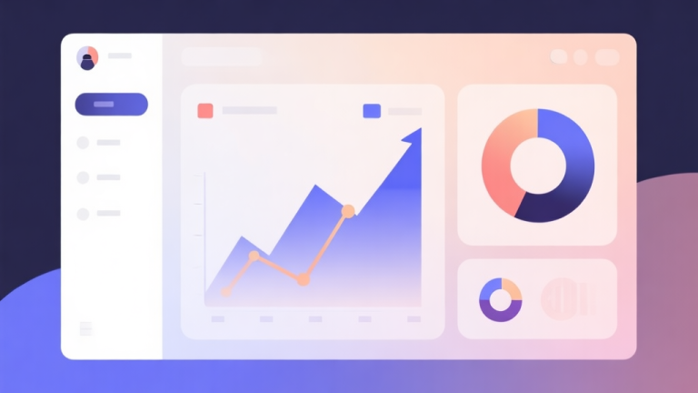 自动生成图片: Minimalist business dashboard with abstract data visualization showing rising trend lines and donut icons, soft gradient background, professional color scheme, clean geometric shapes, flat design style high quality illustration, detailed, 16:9