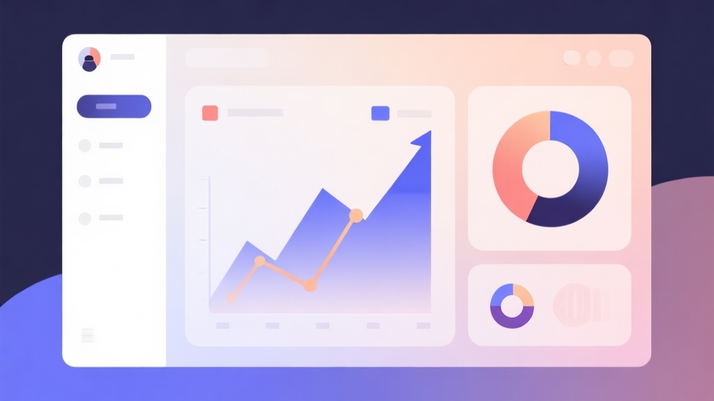 Minimalist business dashboard with abstract data visualization showing rising trend lines and donut icons, soft gradient background, professional color scheme, clean geometric shapes, flat design style high quality illustration, detailed, 16:9
