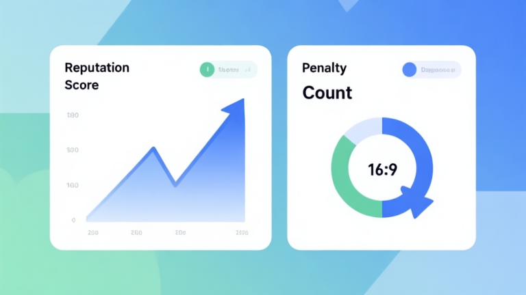 自动生成图片: Minimalist business dashboard showing an upward trending reputation score graph and a downward trending penalty count, soft blue and green gradient background, clean geometric shapes, professional data visualization style high quality illustration, detailed, 16:9