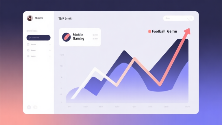 自动生成图片: Minimalist business dashboard with abstract data visualization showing rising trend lines for mobile gaming and football genre, soft gradient background, professional color scheme, clean geometric shapes, flat design style high quality illustration, detailed, 16:9