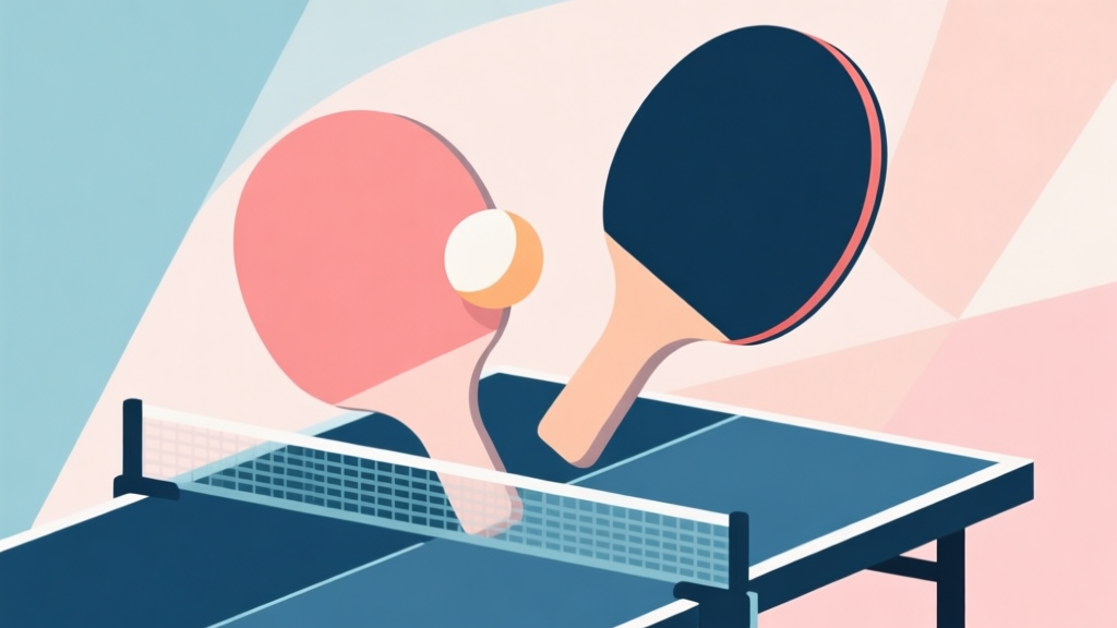Abstract geometric composition with overlapping shapes representing a digital ping pong ball and paddle, soft pastel colors, modern minimal style, professional business concept illustration high quality illustration, detailed, 16:9