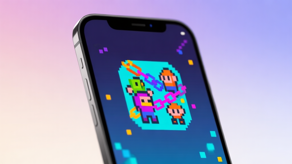 A vibrant, stylized mobile game icon for 'Pixel Links' on a smartphone screen, featuring pixel art characters and colorful link chains, set on a clean, gradient background with a sense of anticipation and digital energy high quality illustration, detailed, 16:9
