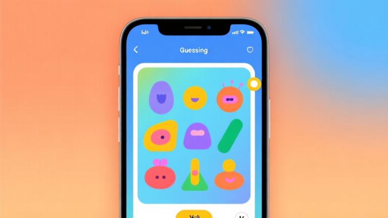 自动生成图片: A vibrant and playful mobile phone screen showing a colorful picture guessing game interface, with abstract shapes forming familiar objects, set against a soft gradient background of orange and blue, minimalist and engaging design high quality illustration, detailed, 16:9