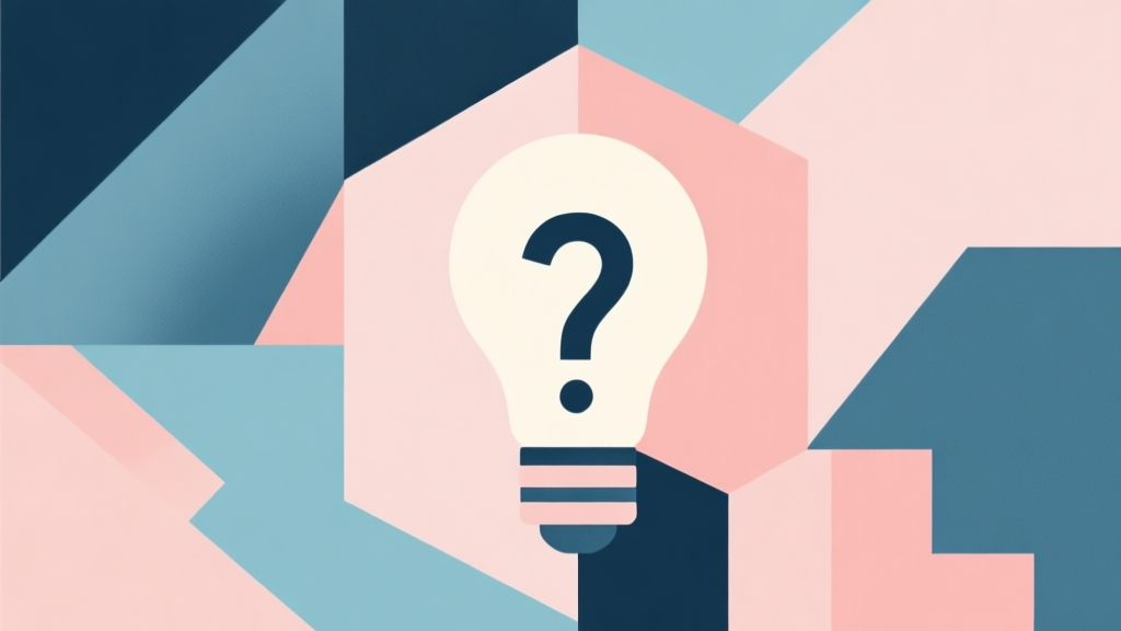 Abstract geometric composition with overlapping shapes forming a lightbulb and question mark, soft pastel colors, modern minimal style, professional business concept illustration for ideas and puzzles high quality illustration, detailed, 16:9