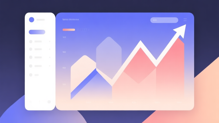 自动生成图片: Minimalist business dashboard with abstract data visualization, soft gradient background, professional color scheme, clean geometric shapes, flat design style showing upward and downward trends high quality illustration, detailed, 16:9