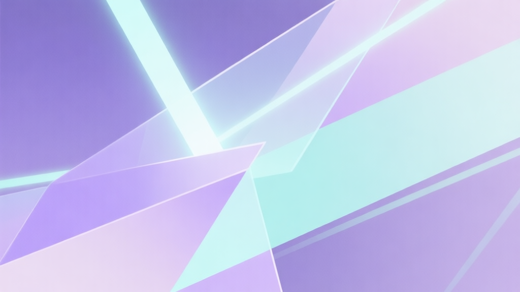 Abstract geometric composition with overlapping translucent shapes and light beams, soft pastel colors like lavender and mint, modern minimal style, professional game concept illustration high quality illustration, detailed, 16:9