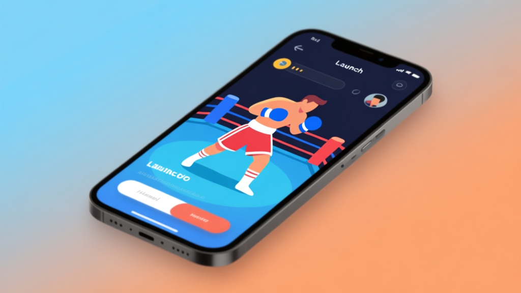Modern smartphone screen displaying a vibrant boxing game interface, minimalist design with clean UI elements, soft blue and orange gradient background, professional app launch concept high quality illustration, detailed, 16:9