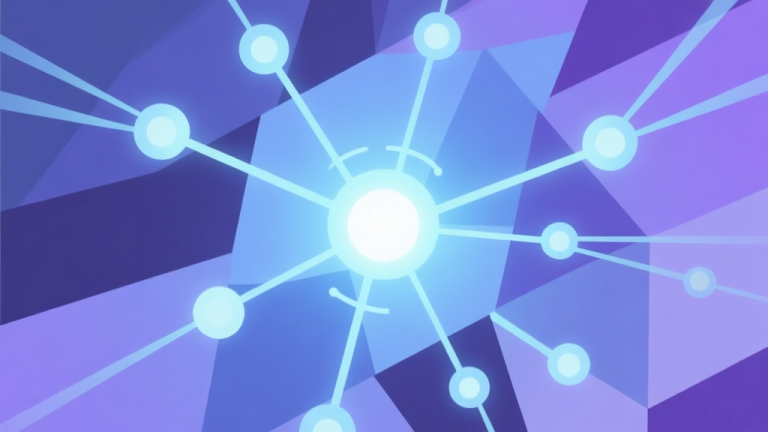 自动生成图片: Abstract geometric composition with a central glowing core connected to multiple nodes and radiating energy lines, representing a network hub, soft blue and purple color scheme, modern minimal style, professional game concept illustration high quality illustration, detailed, 16:9