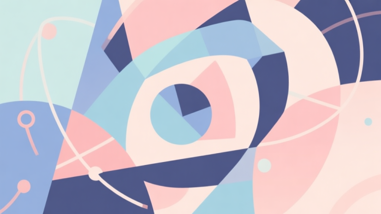 自动生成图片: Abstract geometric composition with overlapping shapes representing physics and chaos, soft pastel colors, modern minimal style, professional game design concept illustration high quality illustration, detailed, 16:9