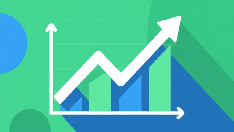 自动生成图片: Upward trending graph with simple geometric elements, green and blue color palette, clean business infographic style, minimal design, representing market growth high quality illustration, detailed, 16:9