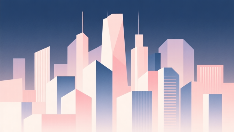 自动生成图片: Abstract geometric composition with overlapping shapes forming a city skyline, soft pastel colors, modern minimal style, professional business concept illustration high quality illustration, detailed, 16:9