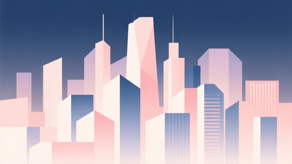 Abstract geometric composition with overlapping shapes forming a city skyline, soft pastel colors, modern minimal style, professional business concept illustration high quality illustration, detailed, 16:9