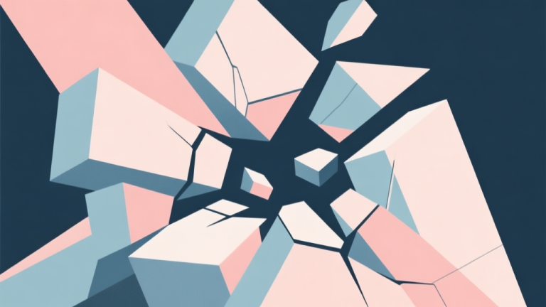 自动生成图片: Abstract geometric composition with overlapping shapes representing a collapsing structure, soft pastel colors, modern minimal style, professional business concept illustration of destruction and strategy high quality illustration, detailed, 16:9