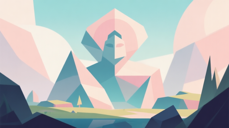 自动生成图片: Abstract geometric composition with overlapping shapes representing mythology and adventure, soft pastel colors, modern minimal style, professional game concept illustration high quality illustration, detailed, 16:9