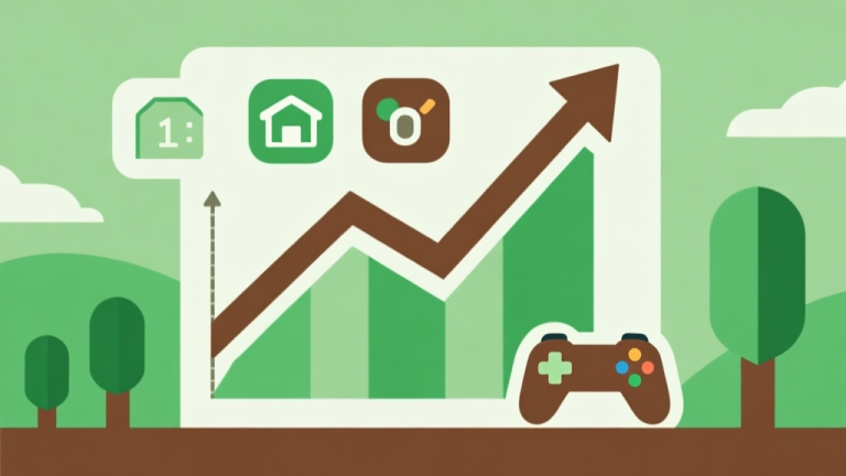 自动生成图片: Upward trending graph with simple geometric elements like farm icons and game controllers, green and brown color palette, clean business infographic style, minimal design high quality illustration, detailed, 16:9