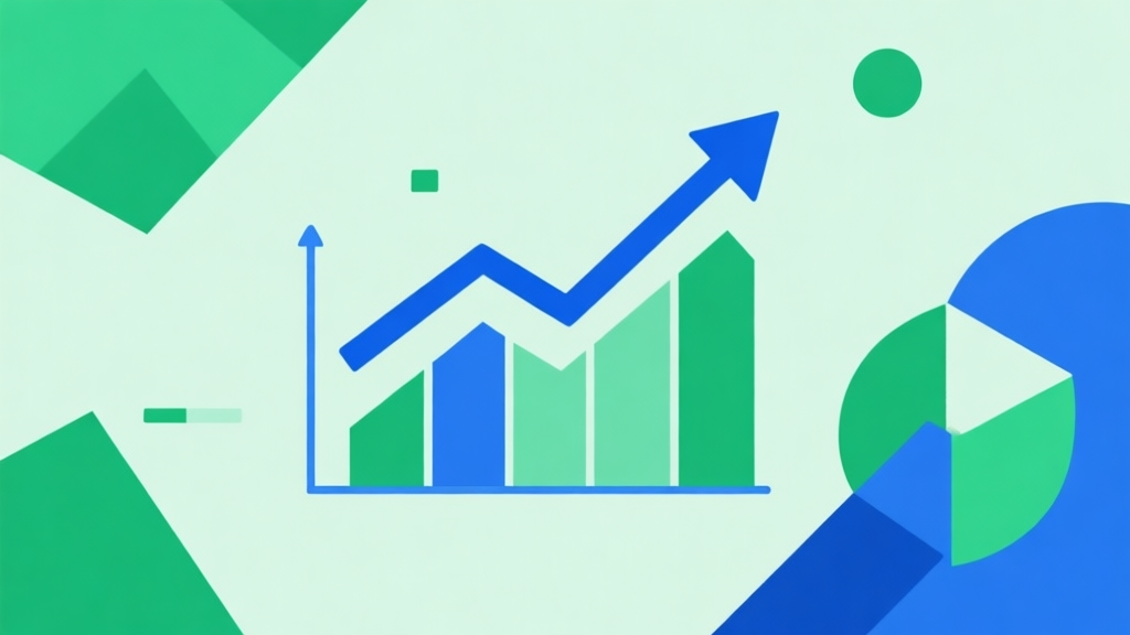 Upward trending graph with simple geometric elements, green and blue color palette, clean business infographic style, minimal design, representing market growth high quality illustration, detailed, 16:9