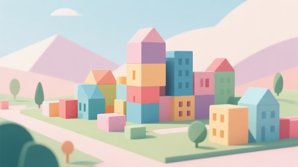 Abstract geometric composition with colorful building blocks forming a landscape, soft pastel colors, modern minimal style, creative and playful concept illustration high quality illustration, detailed, 16:9