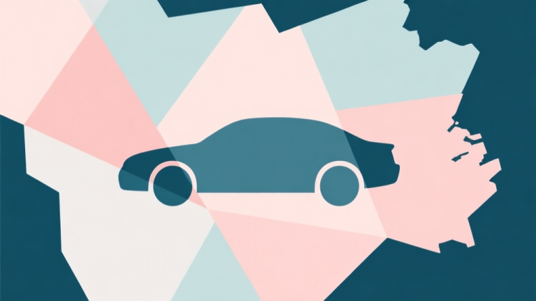 自动生成图片: Abstract geometric composition with overlapping shapes representing a map and a stylized car silhouette, soft pastel colors, modern minimal style, professional business concept illustration high quality illustration, detailed, 16:9