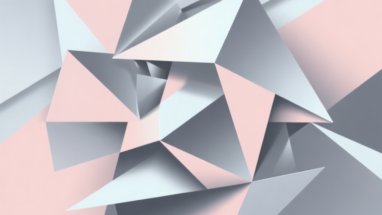 自动生成图片: Abstract geometric composition with overlapping shapes representing chaos and order, soft pastel colors mixed with metallic grey, modern minimal style, professional gaming concept illustration high quality illustration, detailed, 16:9