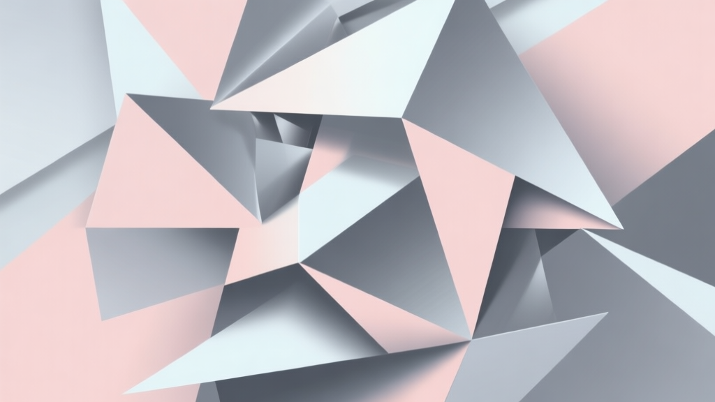Abstract geometric composition with overlapping shapes representing chaos and order, soft pastel colors mixed with metallic grey, modern minimal style, professional gaming concept illustration high quality illustration, detailed, 16:9