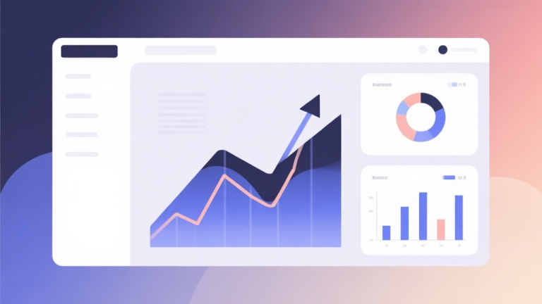 自动生成图片: Minimalist business dashboard with abstract data visualization showing upward trend lines and bar charts, soft gradient background, professional color scheme, clean geometric shapes, flat design style high quality illustration, detailed, 16:9