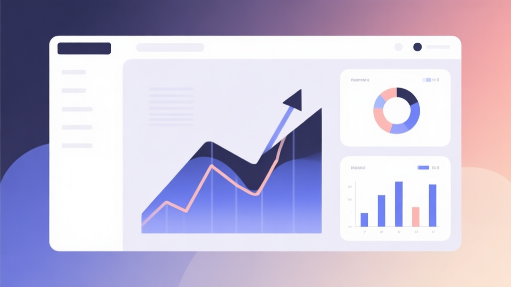 Minimalist business dashboard with abstract data visualization showing upward trend lines and bar charts, soft gradient background, professional color scheme, clean geometric shapes, flat design style high quality illustration, detailed, 16:9